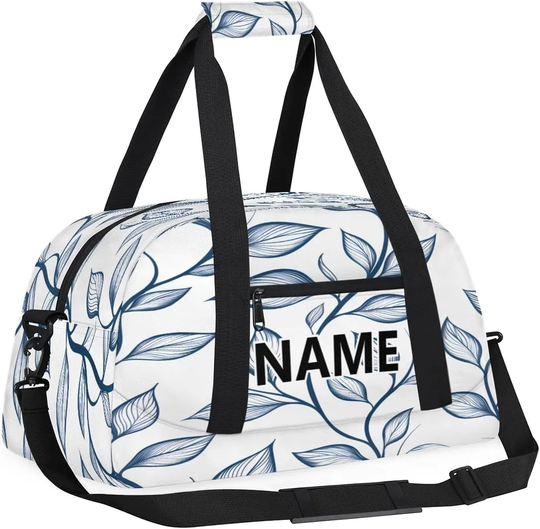 Leaf Custom Small Gym Bag 18 inch for Women Men Personalized Blue Leaves Carry On Overnight Weekender Bag for Travel Work Dance Sport