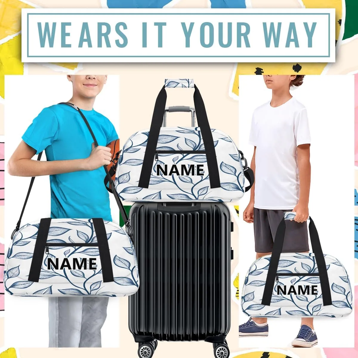 Leaf Custom Small Gym Bag 18 inch for Women Men Personalized Blue Leaves Carry On Overnight Weekender Bag for Travel Work Dance Sport
