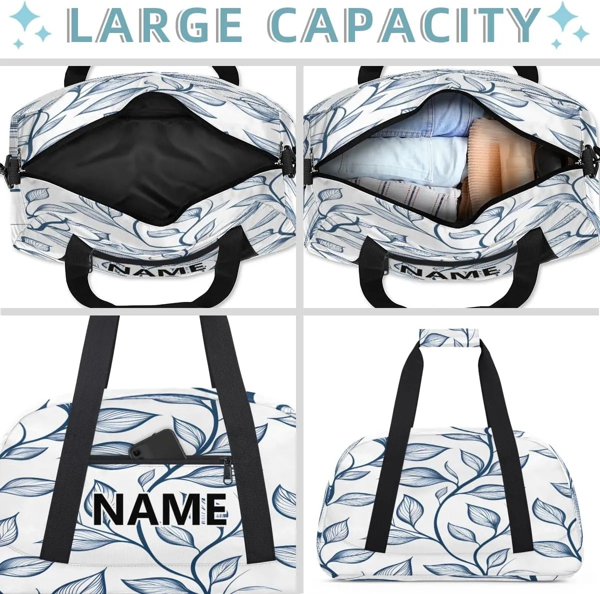 Leaf Custom Small Gym Bag 18 inch for Women Men Personalized Blue Leaves Carry On Overnight Weekender Bag for Travel Work Dance Sport