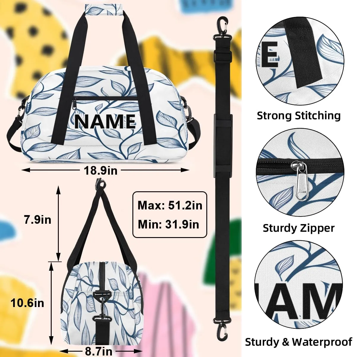 Leaf Custom Small Gym Bag 18 inch for Women Men Personalized Blue Leaves Carry On Overnight Weekender Bag for Travel Work Dance Sport