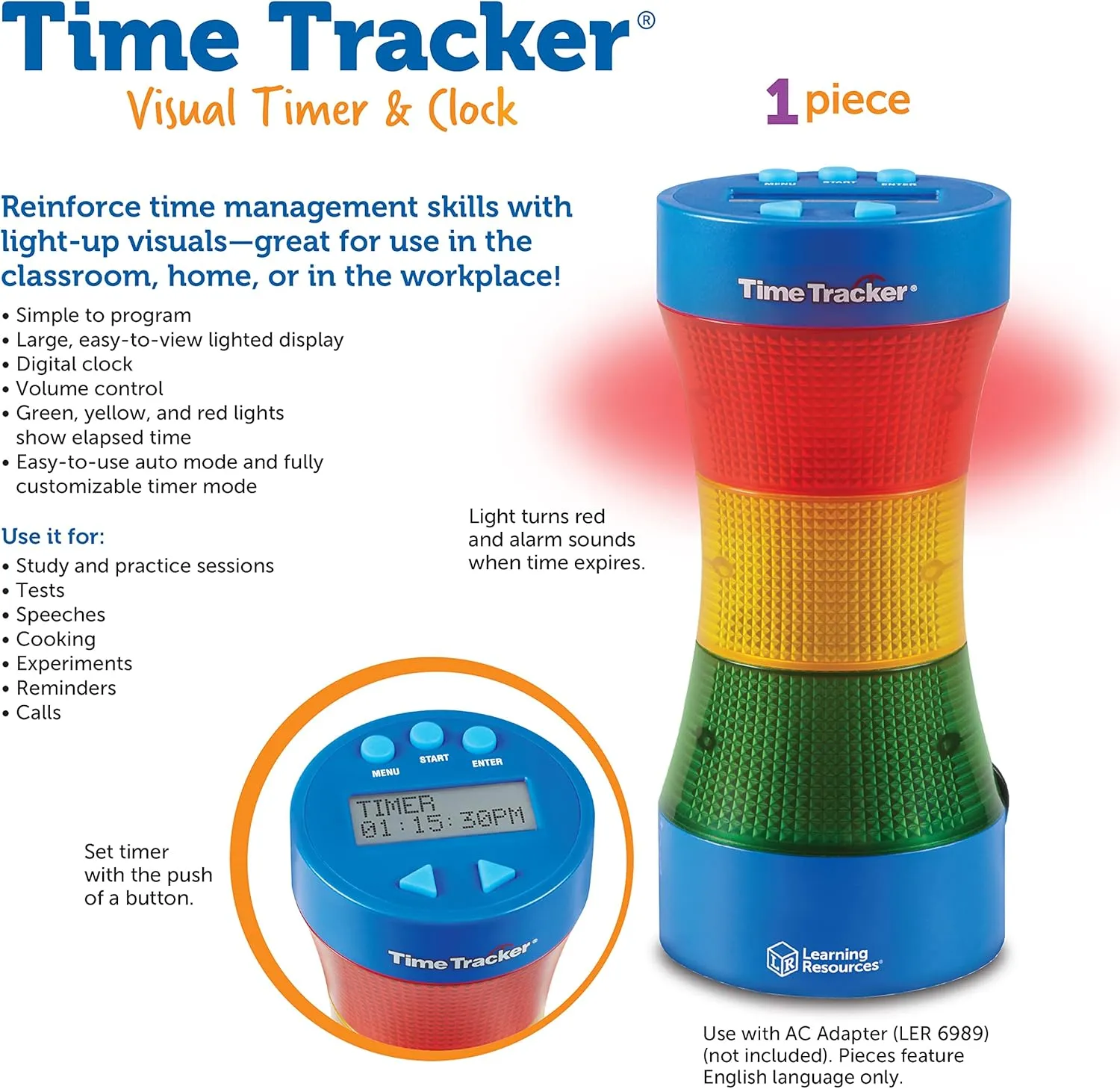 Learning Resources Time Tracker Visual Timer & Clock - 1 Piece, Classroom Tracker, Alarm Clock, Light Up Timer for Classroom, Visual Tracker