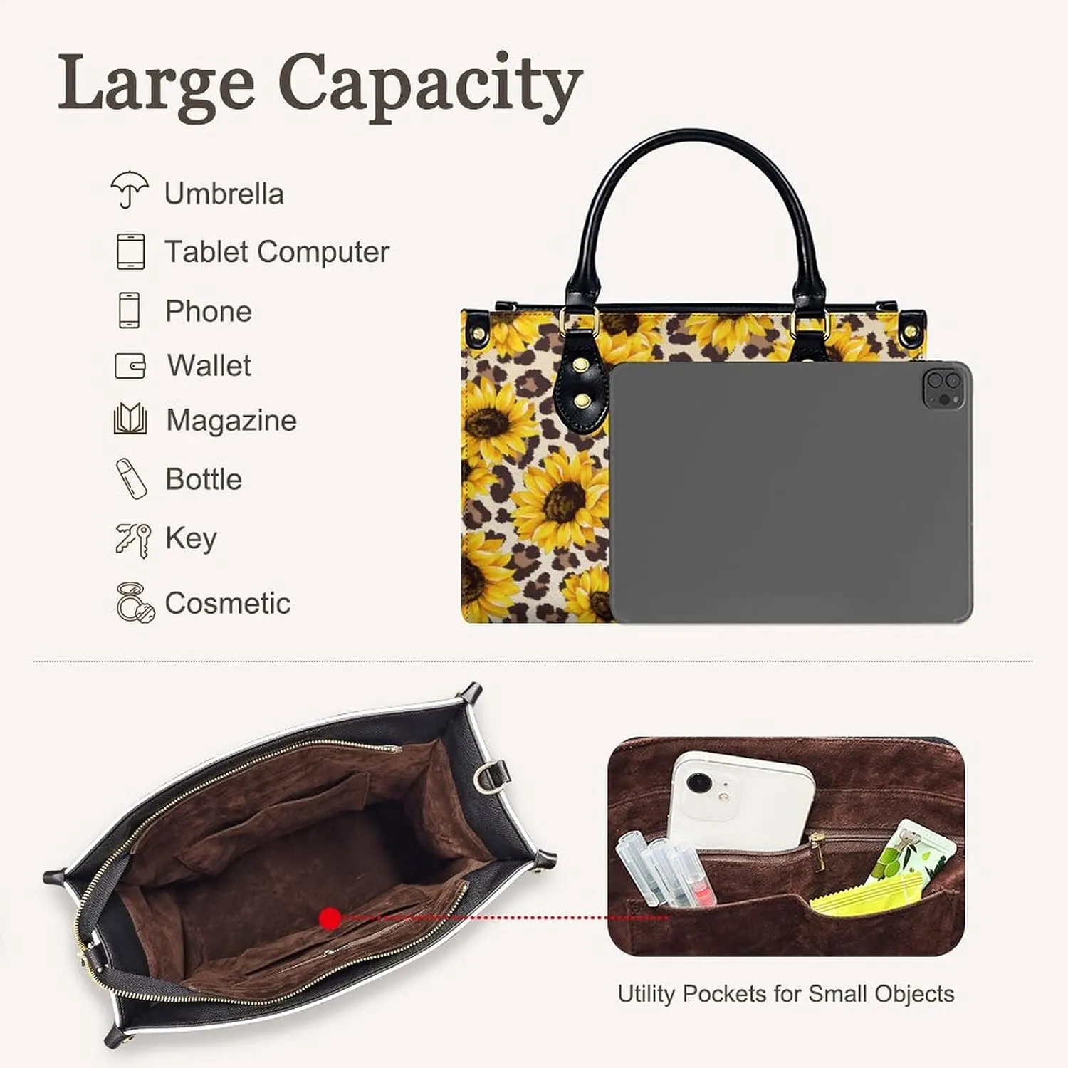 Leather Handbag for Women, Fashion Casual Sunflower Crossbody Bag for Women Ladies Gift for Work Business Travel Shopping