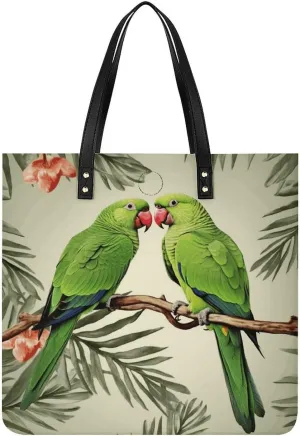 Leather Handbag,Couple Parrots Olive Print Handbag,shoulder Bag with Large Capacity,tote Bag for Work,shopping,travel,weekend
