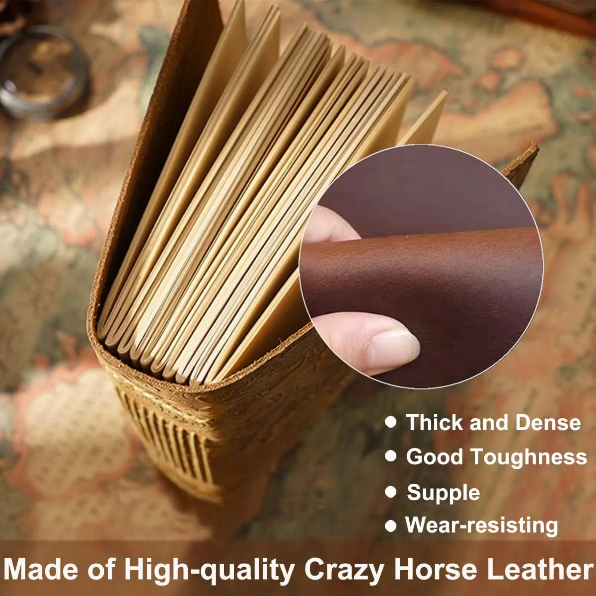 Leather Journal Notebook, Embossed Genuine Leather Journals for Writing, 200 Sheets (400Pages) Antique Blank Kraft Paper Diary, Vintage Sketchbook for Man Women Gifts (Dark Brown, 7.5”x 5.5”)