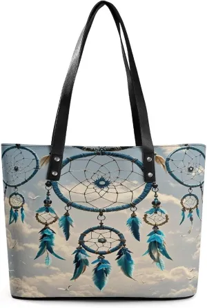 Leather Tote Bag Crossbody Bags for Women Fashion Top Handle Handbag Native Dream Catcher Ladies Shoulder Bags Casual Beach Bag Gym Bages Ladies Purses for Shopping Work Travel
