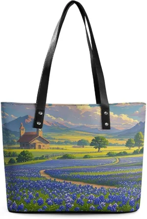 Leather Tote Bag Crossbody Bags for Women Fashion Top Handle Handbag Texas Bluebonnets Scenery Ladies Shoulder Bags Casual Beach Bag Gym Bages Ladies Purses for Shopping Work Travel