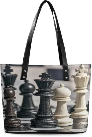 Leather Tote Bag Elegance Draughts Printing Leather Handbag Durable Shopping Bag For Work Travel Casual Use