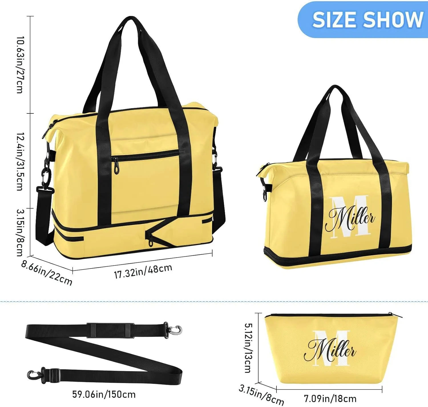 Lemon Yellow Custom Travel Duffel Bag for Women Men Gym Bag with Shoe Compartment Wet Pocket Personalized Carry On Weekender Overnight Bags for Traveling Gym Workout