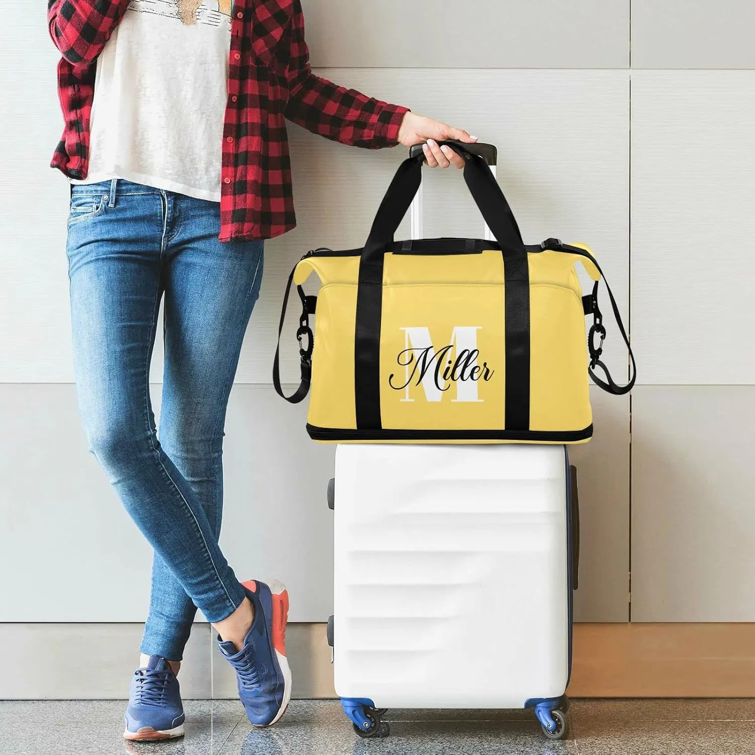 Lemon Yellow Custom Travel Duffel Bag for Women Men Gym Bag with Shoe Compartment Wet Pocket Personalized Carry On Weekender Overnight Bags for Traveling Gym Workout
