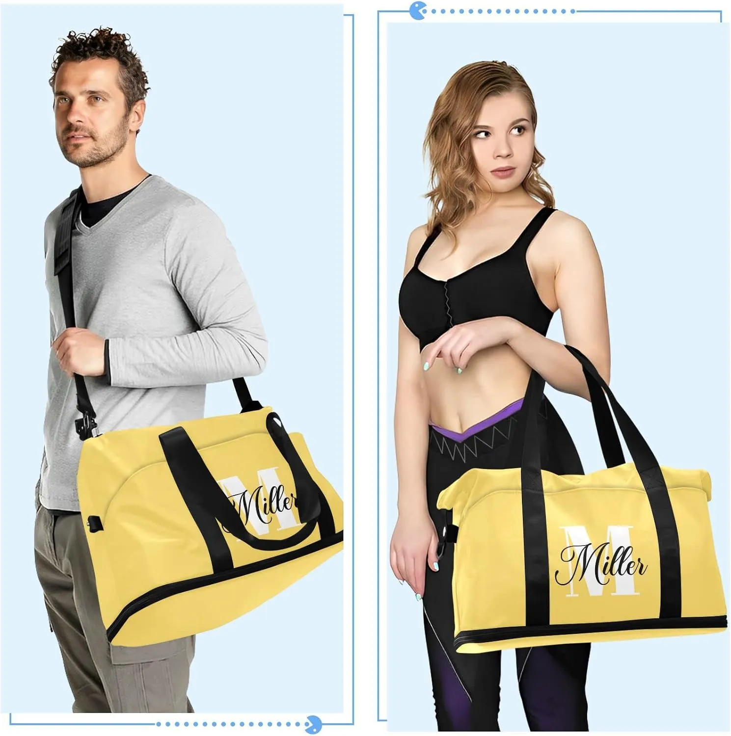 Lemon Yellow Custom Travel Duffel Bag for Women Men Gym Bag with Shoe Compartment Wet Pocket Personalized Carry On Weekender Overnight Bags for Traveling Gym Workout