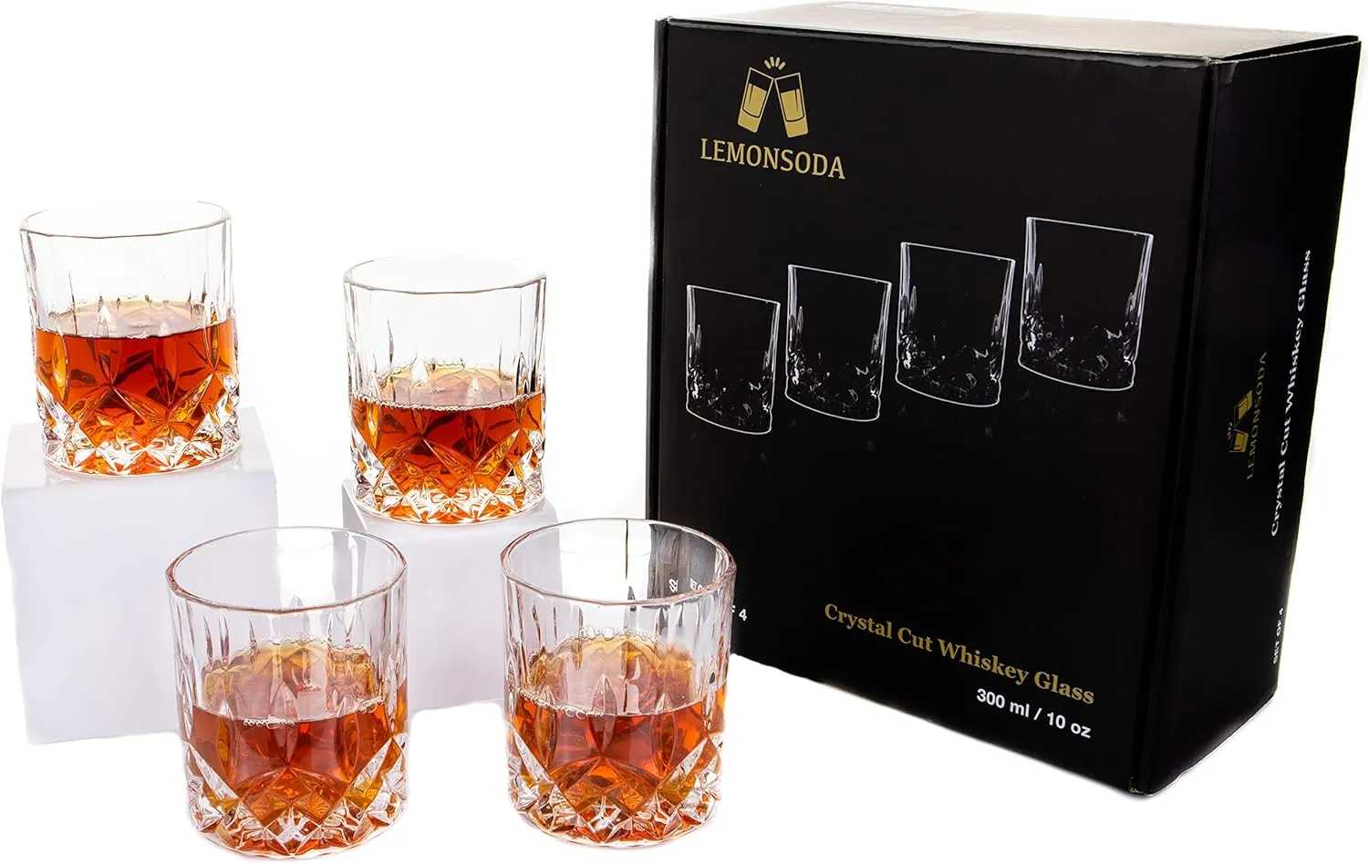 LEMONSODA Premium Crystal Cut Rocks Glasses - 10oz Set of 4 - Lead-Free Crystal Glass Tumbler For Drinking Old Fashioneds, Bourbon, Scotch, Cognac - Housewarming Gift Box Included