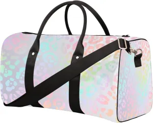 Leopard Skin Rainbow Travel Duffle Bag Sports Gym Bags for Women Men Weekender Overnight Bags Waterproof Carry On Tote Bag Workout Bag for Dance Swimming Yoga Hospital