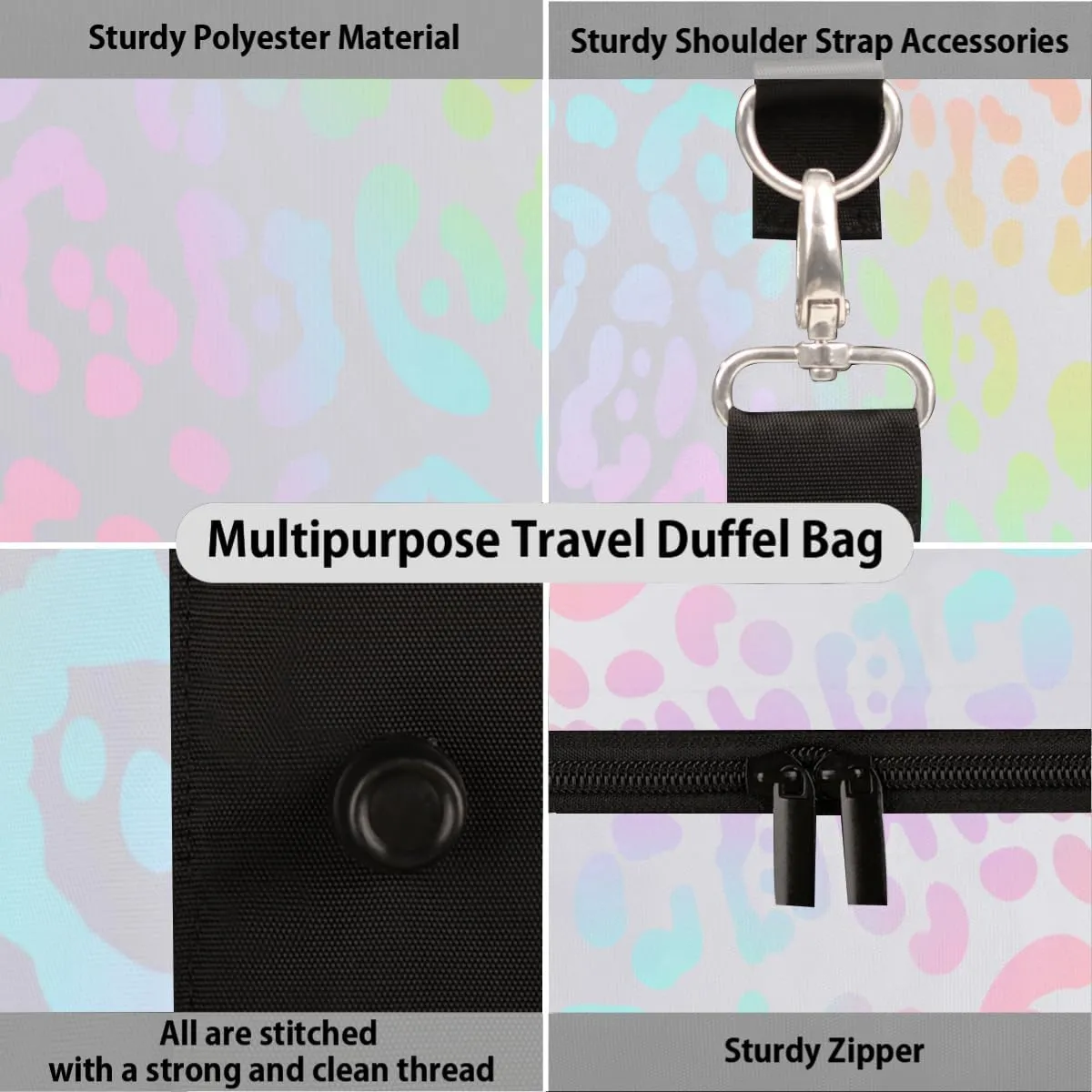 Leopard Skin Rainbow Travel Duffle Bag Sports Gym Bags for Women Men Weekender Overnight Bags Waterproof Carry On Tote Bag Workout Bag for Dance Swimming Yoga Hospital