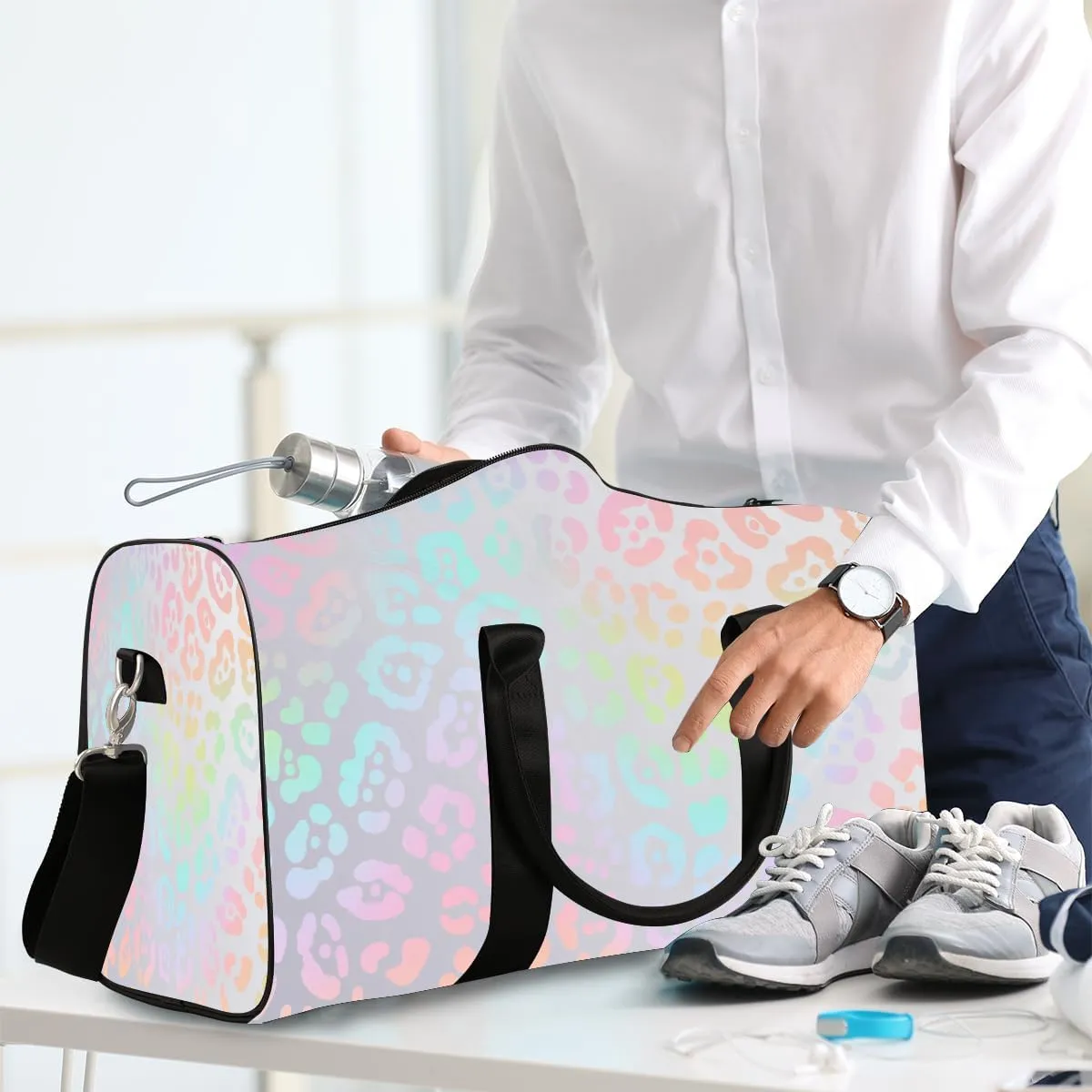 Leopard Skin Rainbow Travel Duffle Bag Sports Gym Bags for Women Men Weekender Overnight Bags Waterproof Carry On Tote Bag Workout Bag for Dance Swimming Yoga Hospital
