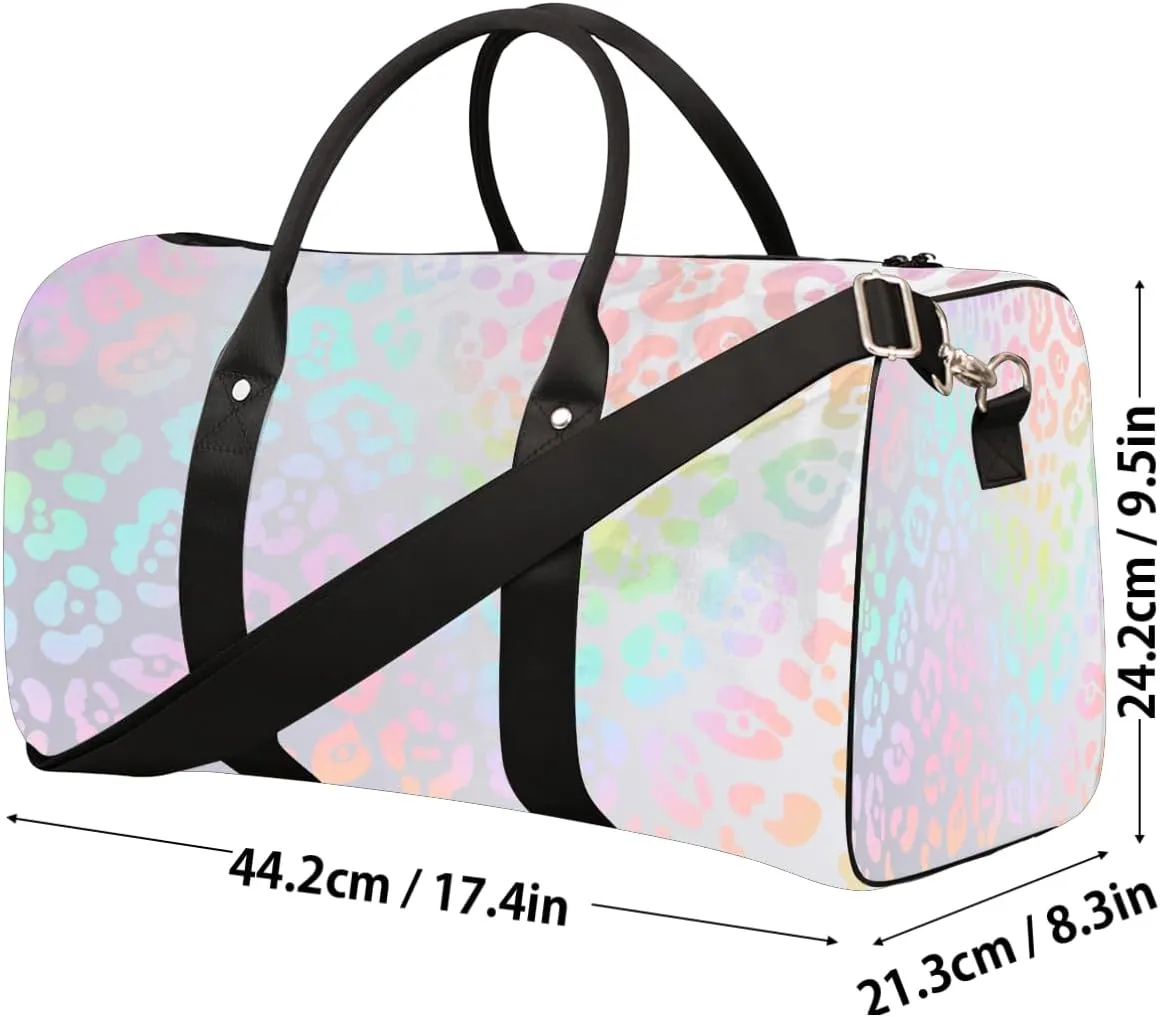 Leopard Skin Rainbow Travel Duffle Bag Sports Gym Bags for Women Men Weekender Overnight Bags Waterproof Carry On Tote Bag Workout Bag for Dance Swimming Yoga Hospital