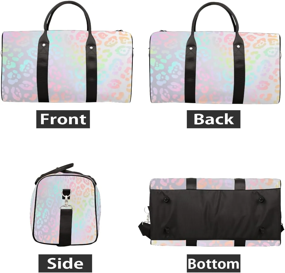 Leopard Skin Rainbow Travel Duffle Bag Sports Gym Bags for Women Men Weekender Overnight Bags Waterproof Carry On Tote Bag Workout Bag for Dance Swimming Yoga Hospital