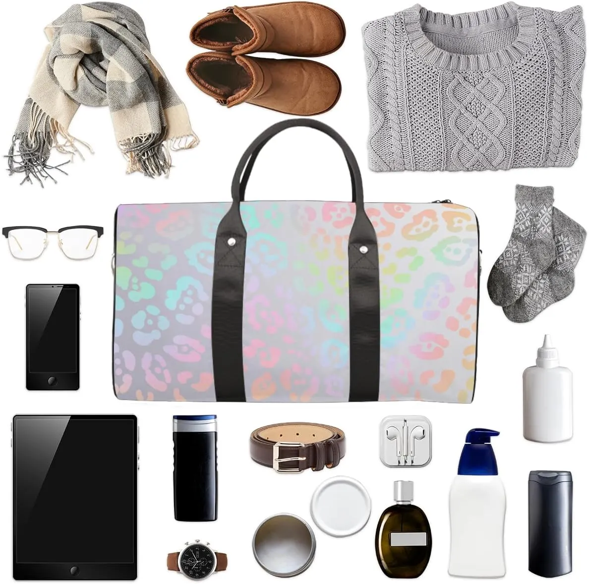 Leopard Skin Rainbow Travel Duffle Bag Sports Gym Bags for Women Men Weekender Overnight Bags Waterproof Carry On Tote Bag Workout Bag for Dance Swimming Yoga Hospital