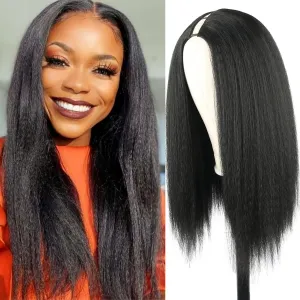 LEOSA Black Yaki Kinky Straight V Part Wig for Black Women Long Kinky Straight V/U Part Wig Clip In Hair Extensions for Women Synthetic Hair Replacement Wigs for Daily Use (20Inch, 1B)