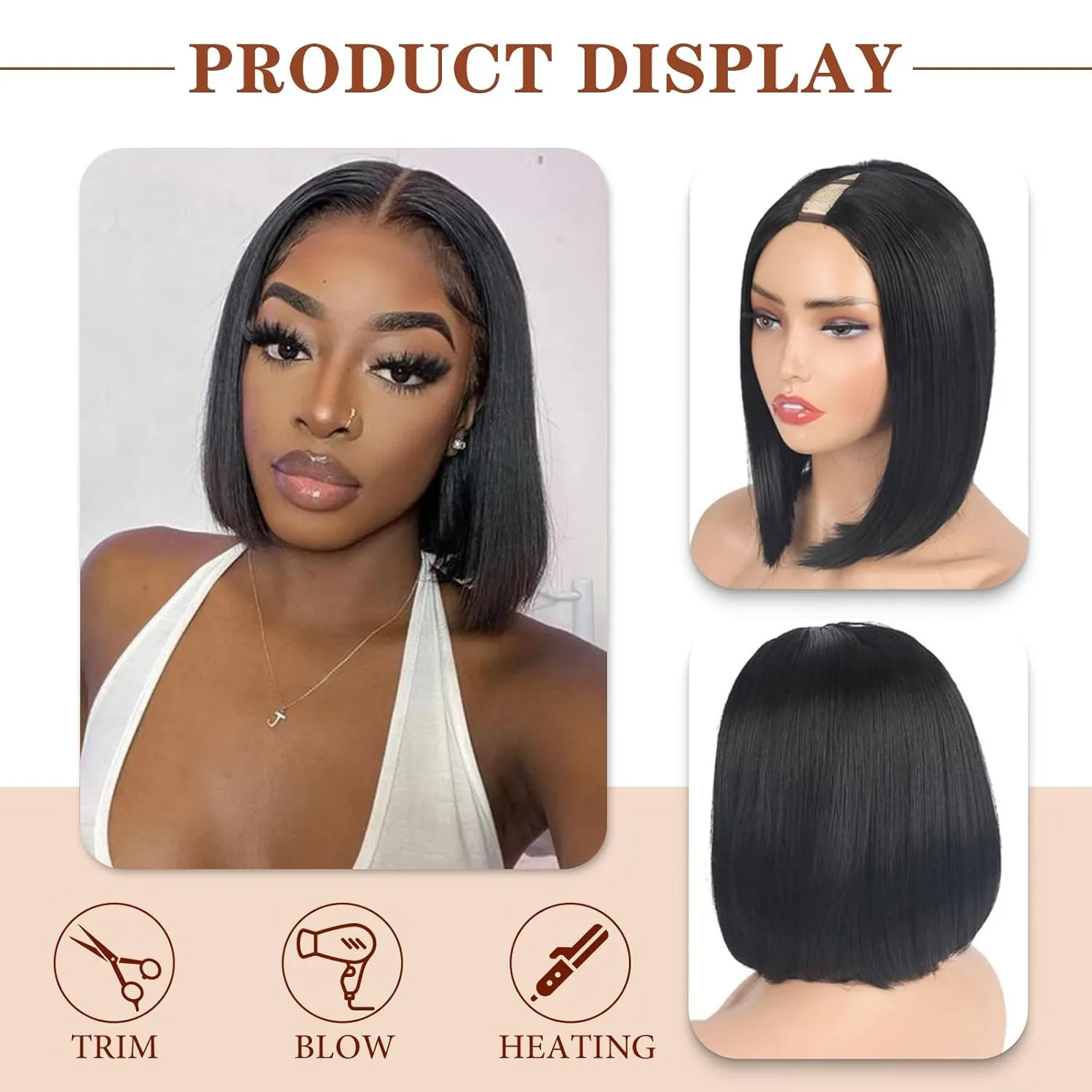 LEOSA Bob Straight V Part Wig For Black Women Brazilian Straight U/V Part Wigs Upgrade U Part Wigs 12Inch Short Bob V Part Wig For Girls Glueless Full Head Clip In Half Wig