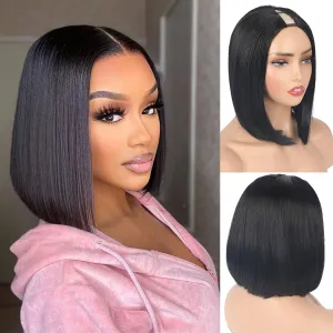LEOSA Bob Straight V Part Wig For Black Women Brazilian Straight U/V Part Wigs Upgrade U Part Wigs 12Inch Short Bob V Part Wig For Girls Glueless Full Head Clip In Half Wig