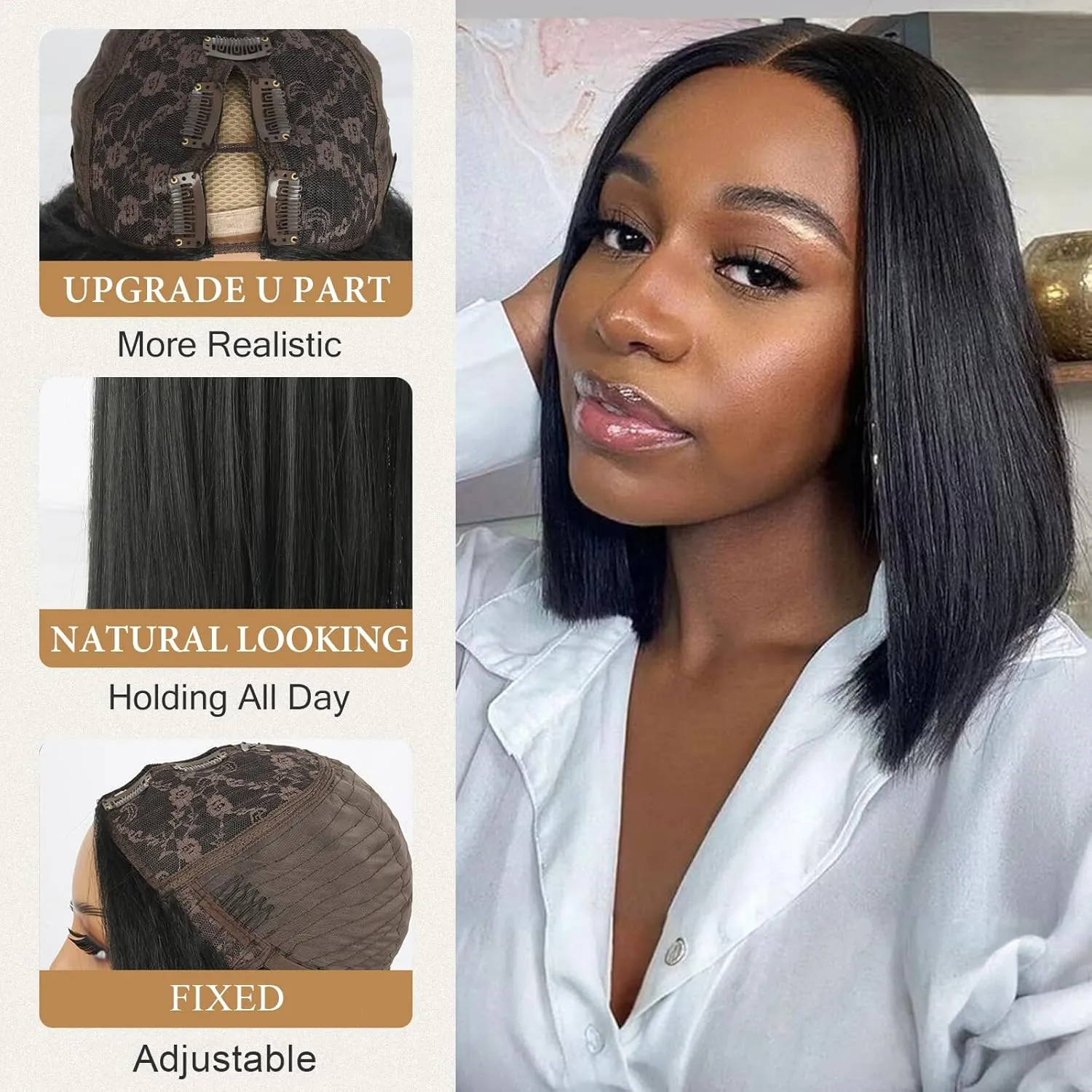 LEOSA Bob Straight V Part Wig For Black Women Brazilian Straight U/V Part Wigs Upgrade U Part Wigs 12Inch Short Bob V Part Wig For Girls Glueless Full Head Clip In Half Wig