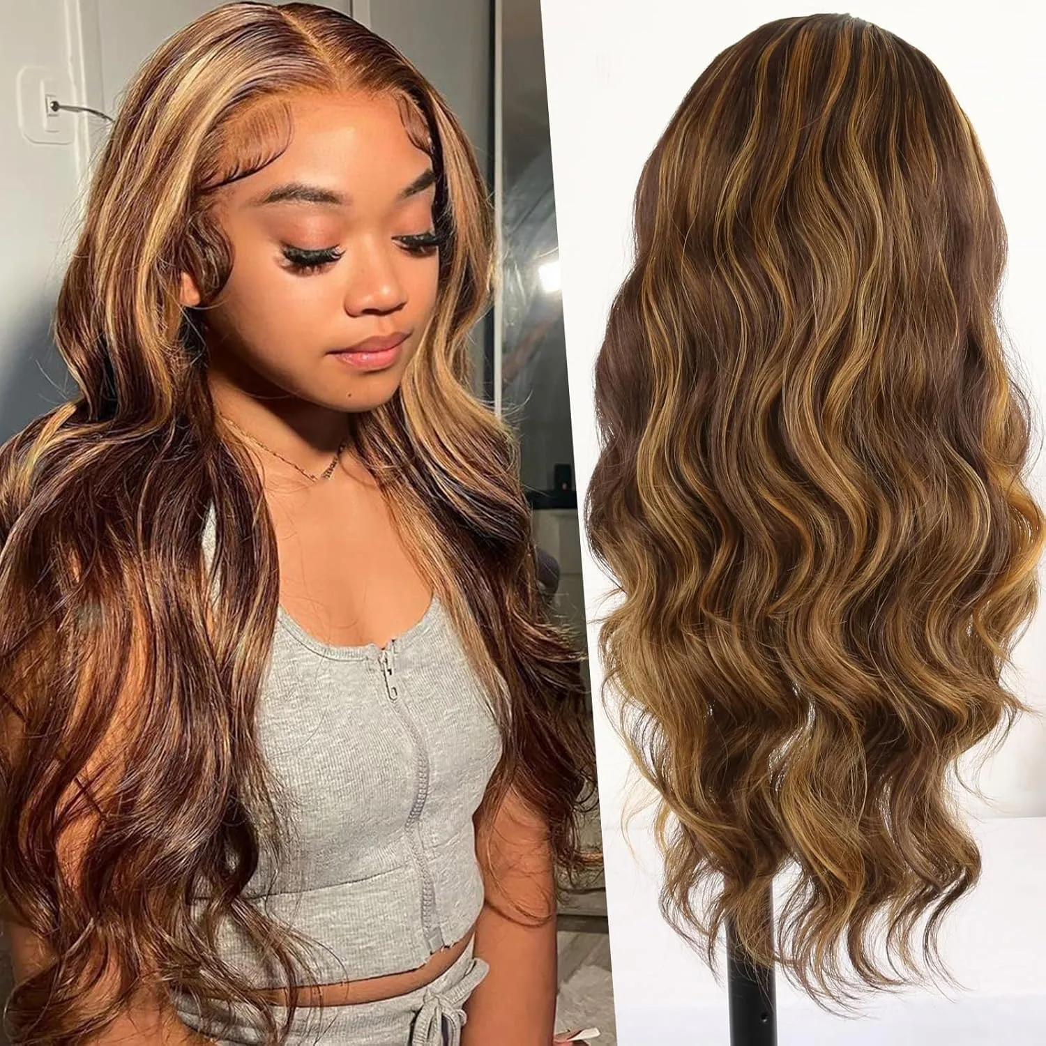 LEOSA Long Body Body V Part Wig for Black Women Highlight Brown U/V Part Wig Highlight Full Head Clip In Hair Extensions Long Body Wave Wig for Women Synthetic Hair Replacement Wig (24Inch 4H27#)