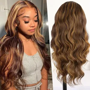 LEOSA Long Body Body V Part Wig for Black Women Highlight Brown U/V Part Wig Highlight Full Head Clip In Hair Extensions Long Body Wave Wig for Women Synthetic Hair Replacement Wig (24Inch 4H27#)