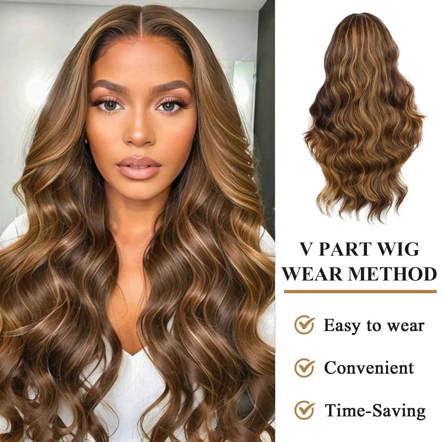 LEOSA Long Body Body V Part Wig for Black Women Highlight Brown U/V Part Wig Highlight Full Head Clip In Hair Extensions Long Body Wave Wig for Women Synthetic Hair Replacement Wig (24Inch 4H27#)