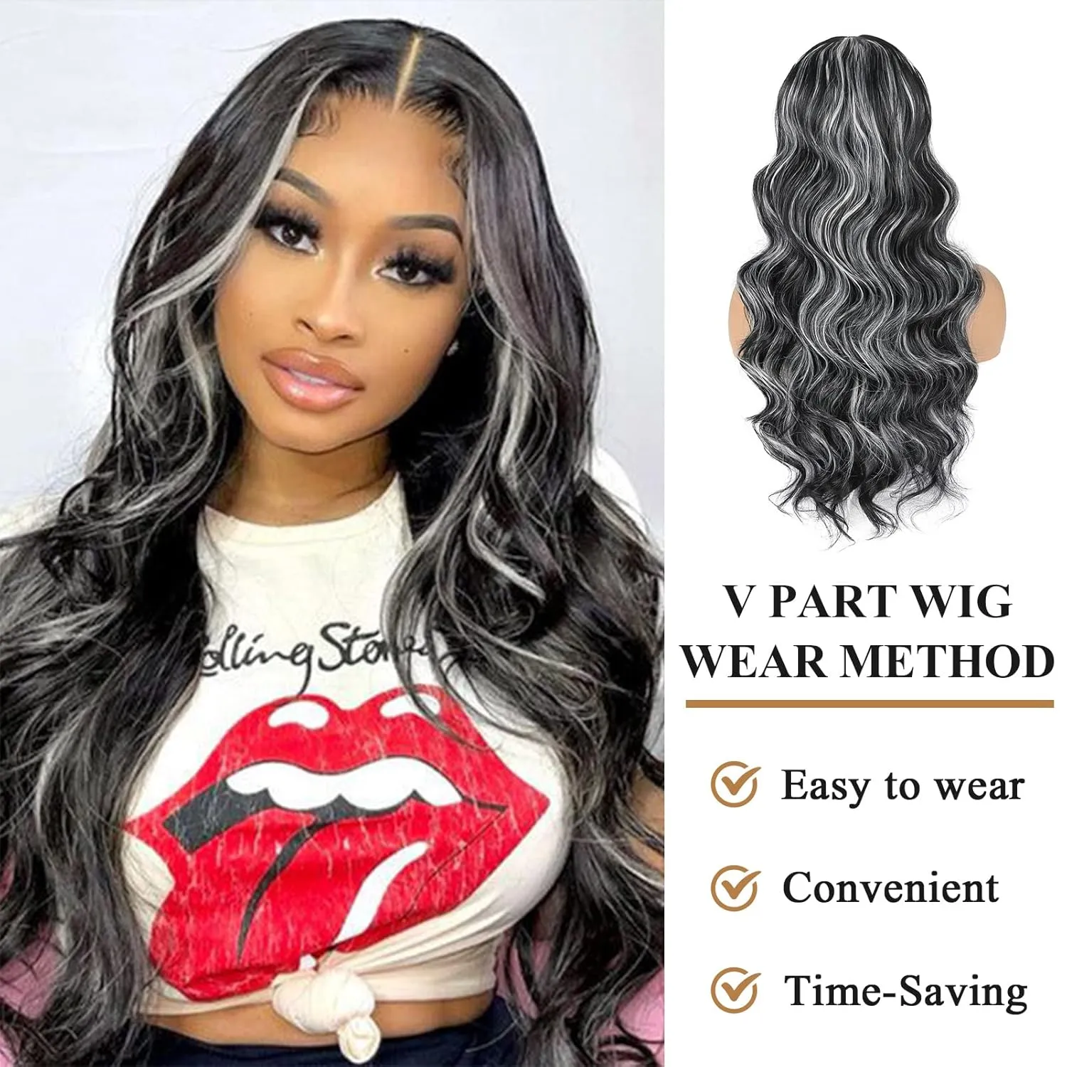LEOSA Long Body Wavy Balck& Grey V Part Synthetic Wig For Black Women Highlight Full Head Clip In Hair Extensions Long Body Wave Wig for Women Synthetic Hair Replacement Wig (24Inch, Black&Grey#)