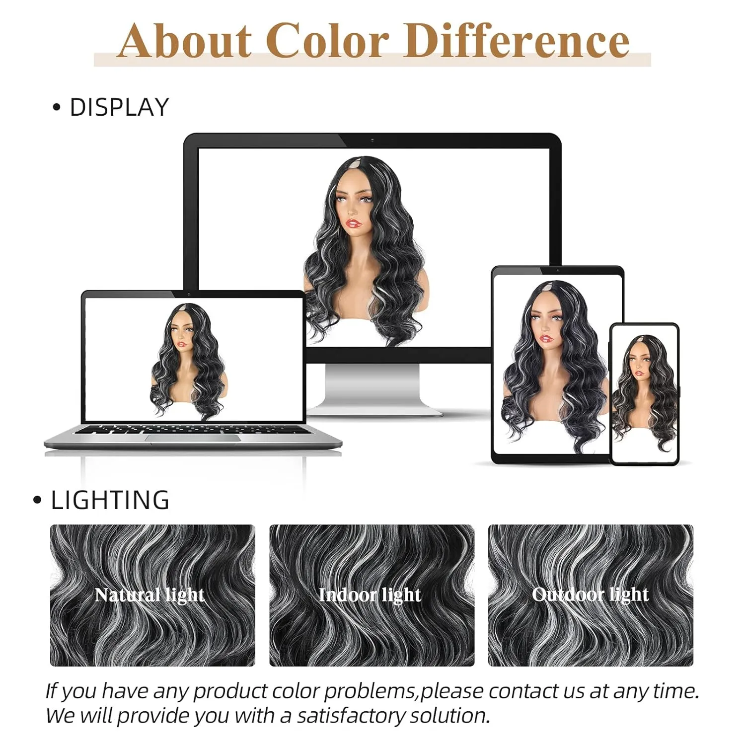 LEOSA Long Body Wavy Balck& Grey V Part Synthetic Wig For Black Women Highlight Full Head Clip In Hair Extensions Long Body Wave Wig for Women Synthetic Hair Replacement Wig (24Inch, Black&Grey#)