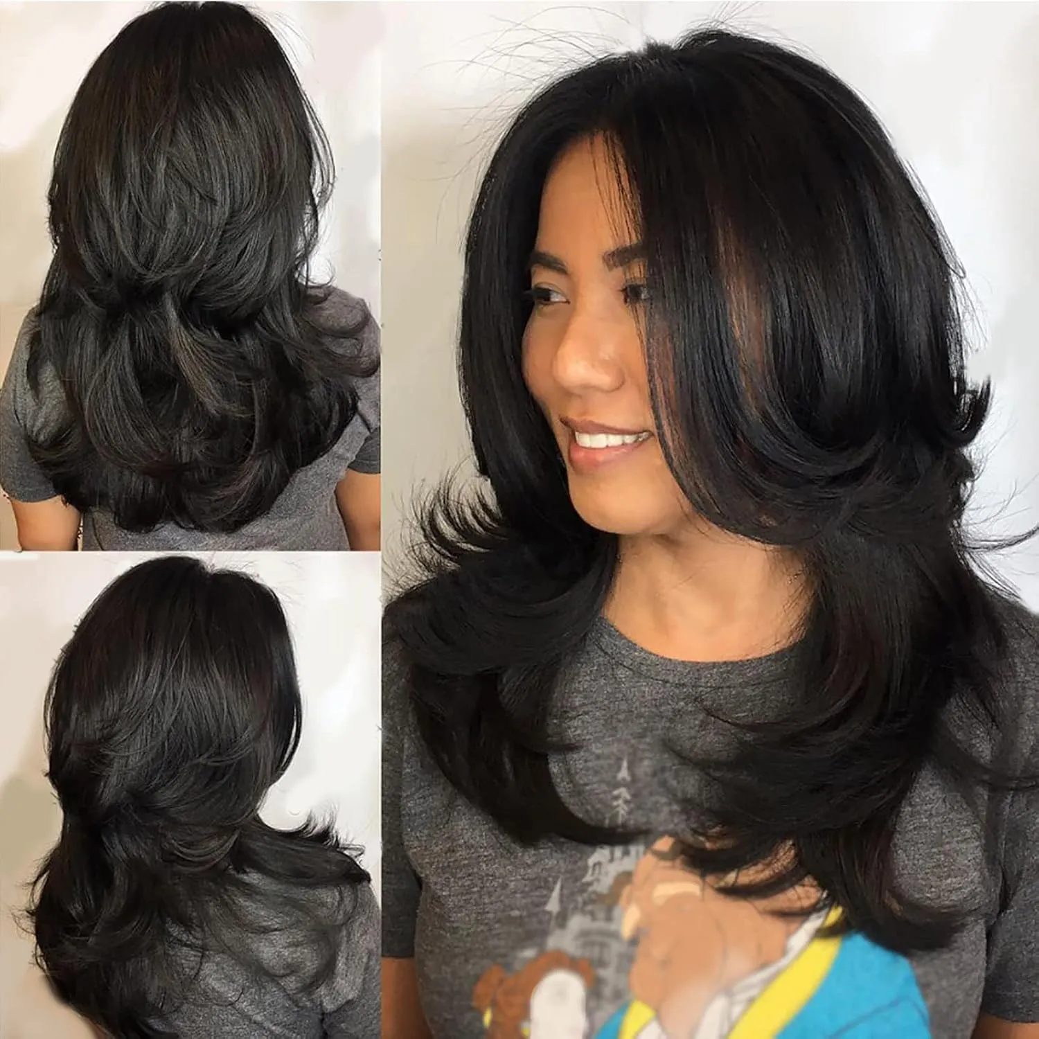 LEOSA Long Layered Wig for Women - 16-Inch Natural Black Hair Extension - Fashion Soft Heat Resistant Fiber Synthetic Hair Replacement (Natural Black#)
