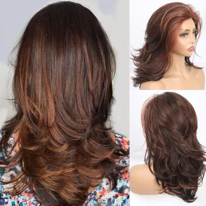 LEOSA Long Layered Wigs for Women Brown Layered Wig for Girls Synthetic Hair Replacement Wig Soft Heat Resistant Fiber Synthetic Hair Wigs (16 Inch,Brown Mixed Gold#)