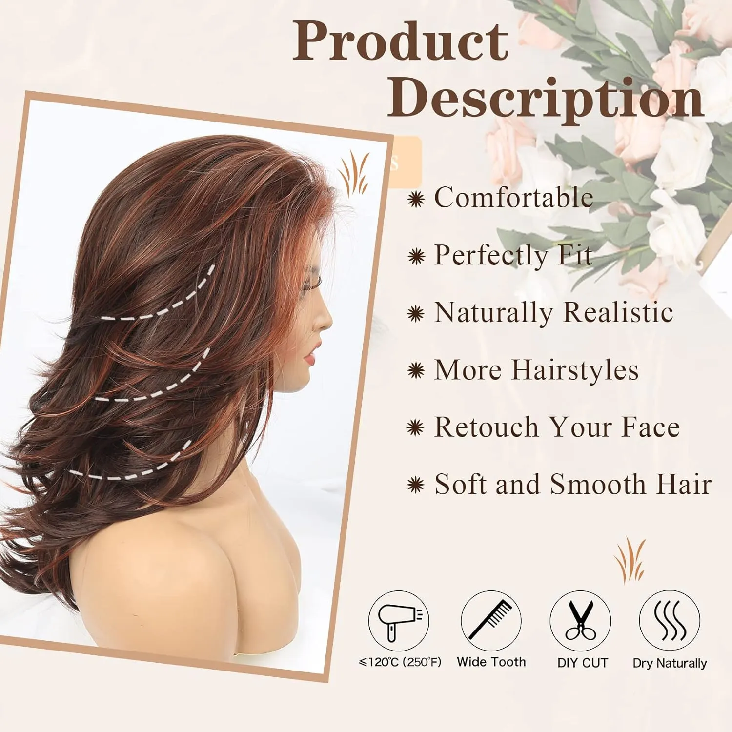 LEOSA Long Layered Wigs for Women Brown Layered Wig for Girls Synthetic Hair Replacement Wig Soft Heat Resistant Fiber Synthetic Hair Wigs (16 Inch,Brown Mixed Gold#)