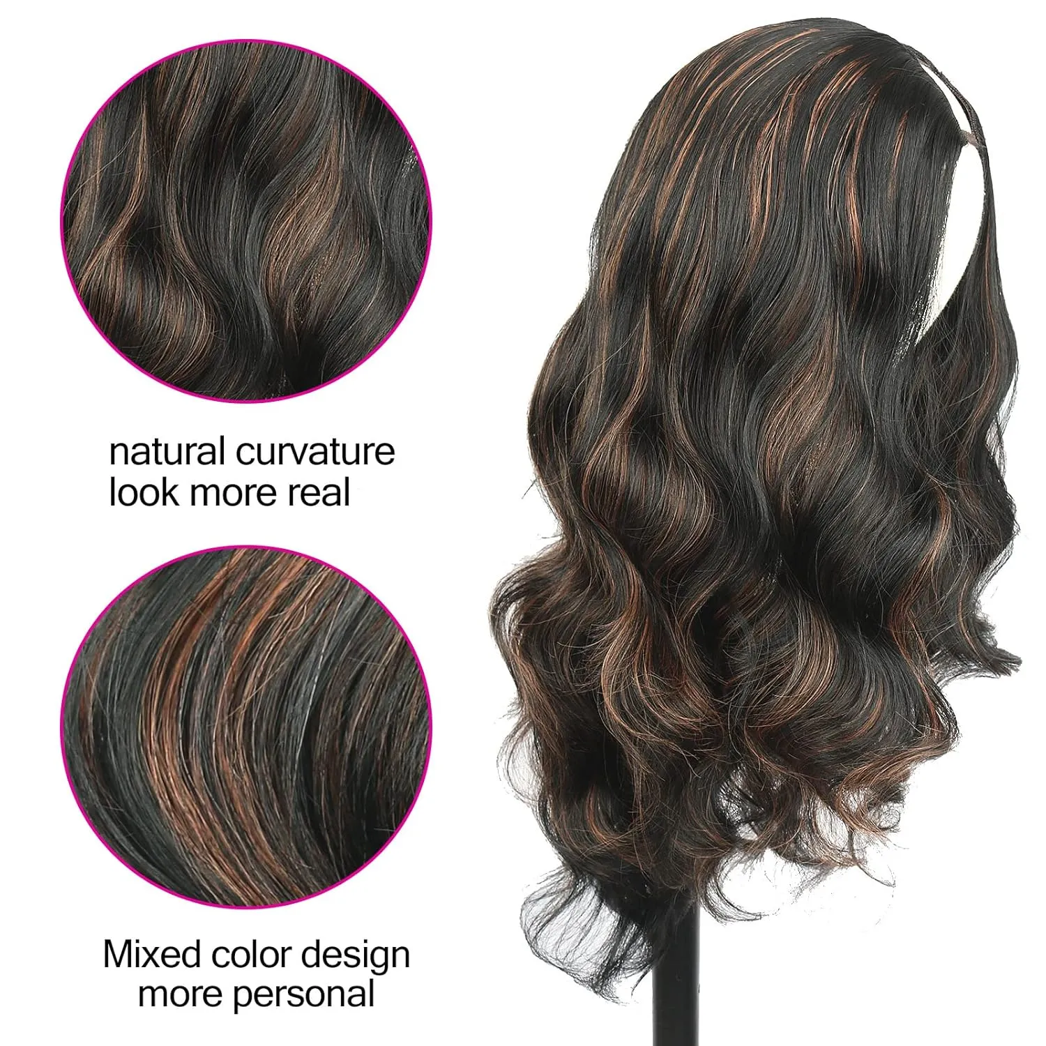 LEOSA Long V Part Wig Body Wave Upgrade V/U Part Synthetic for Black Women Long Brown Body Wavy Full Head Clip In Hair Wig Glueless Synthetic Hair For Daily Use (Brown, 24Inch)