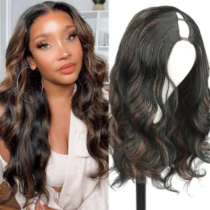 LEOSA Long V Part Wig Body Wave Upgrade V/U Part Synthetic for Black Women Long Brown Body Wavy Full Head Clip In Hair Wig Glueless Synthetic Hair For Daily Use (Brown, 24Inch)