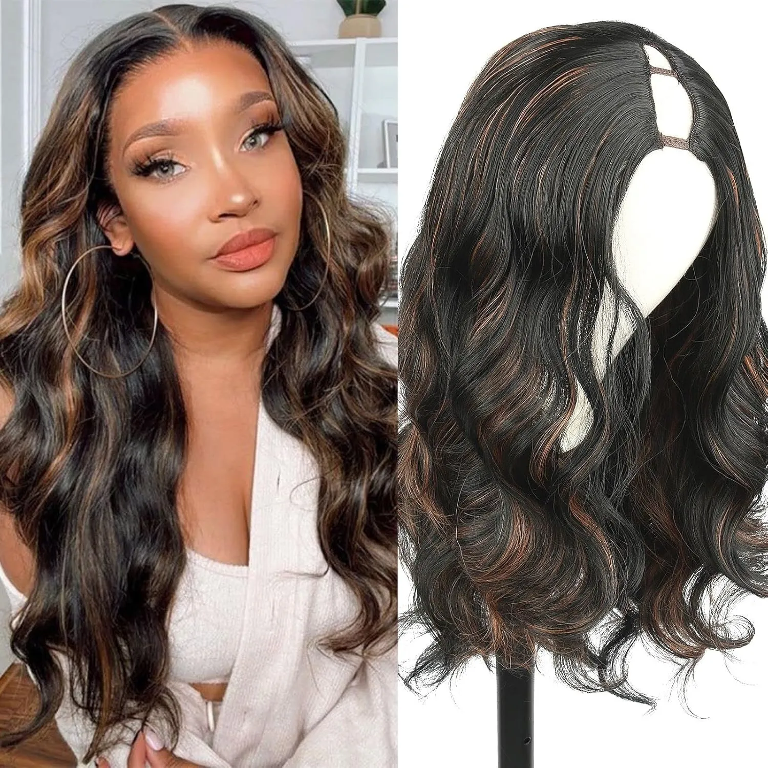 LEOSA Long V Part Wig Body Wave Upgrade V/U Part Synthetic for Black Women Long Brown Body Wavy Full Head Clip In Hair Wig Glueless Synthetic Hair For Daily Use (Brown, 24Inch)