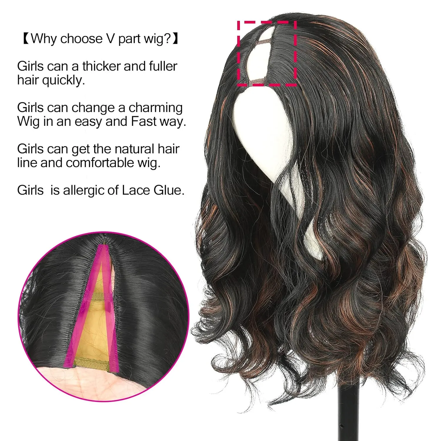 LEOSA Long V Part Wig Body Wave Upgrade V/U Part Synthetic for Black Women Long Brown Body Wavy Full Head Clip In Hair Wig Glueless Synthetic Hair For Daily Use (Brown, 24Inch)