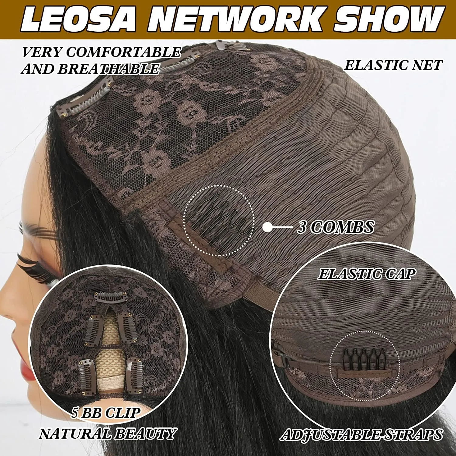 LEOSA Long V Part Wig Body Wave Upgrade V/U Part Synthetic for Black Women Long Brown Body Wavy Full Head Clip In Hair Wig Glueless Synthetic Hair For Daily Use (Brown, 24Inch)