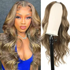 LEOSA Long V Part Wig Body Wave Upgrade V/U Part Synthetic Wigs for Black Women Omber Blonde Long Full Head Clip In Hair Wig Glueless Wigs Synthetic Wigs For Daily Use (Omber Blonde, 24Inch)