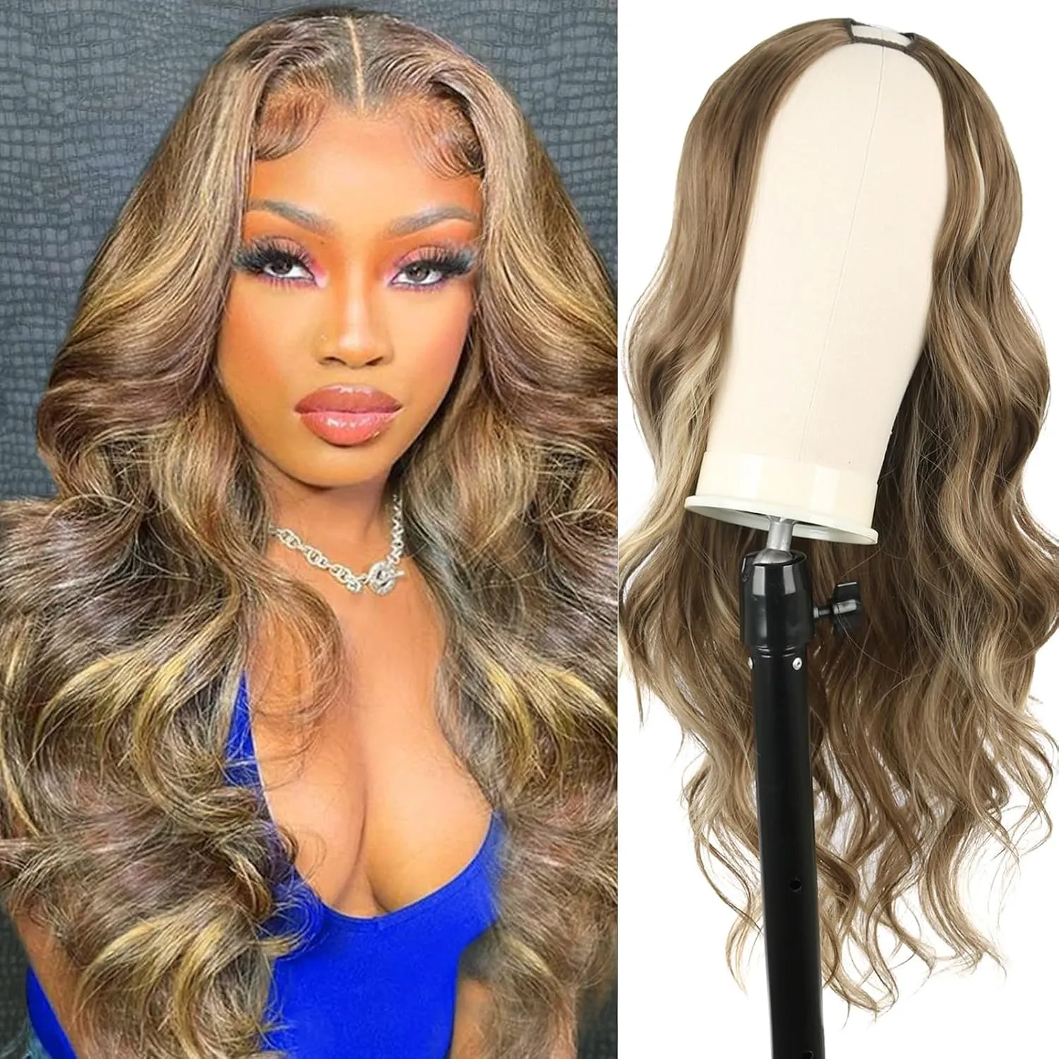 LEOSA Long V Part Wig Body Wave Upgrade V/U Part Synthetic Wigs for Black Women Omber Blonde Long Full Head Clip In Hair Wig Glueless Wigs Synthetic Wigs For Daily Use (Omber Blonde, 24Inch)