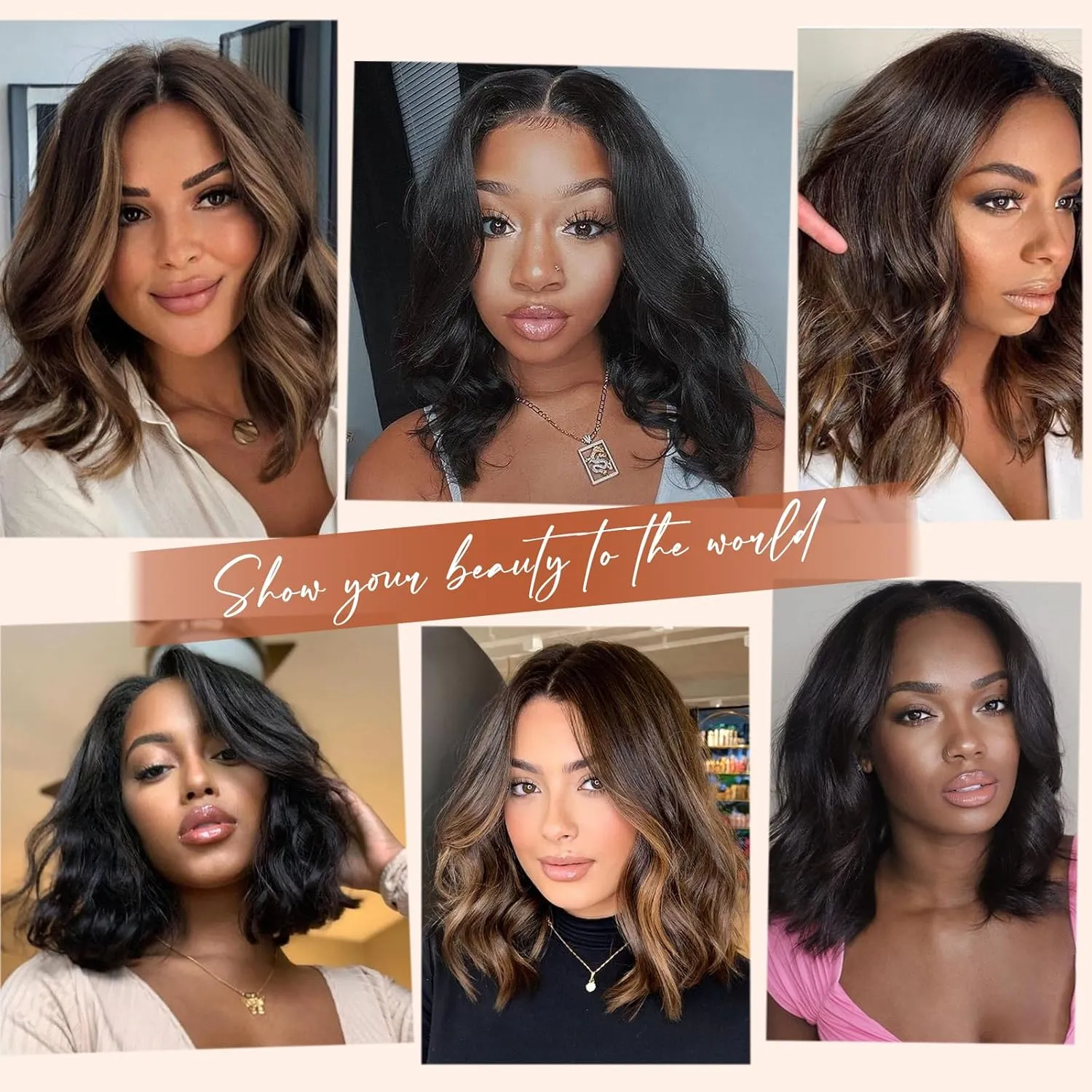 LEOSA Short Brown V Part Wig 14Inch Dark Brown Bob Wavy Curly End Synthetic Hair Replacement for Black Women (14Inch, 14-1B/30#)