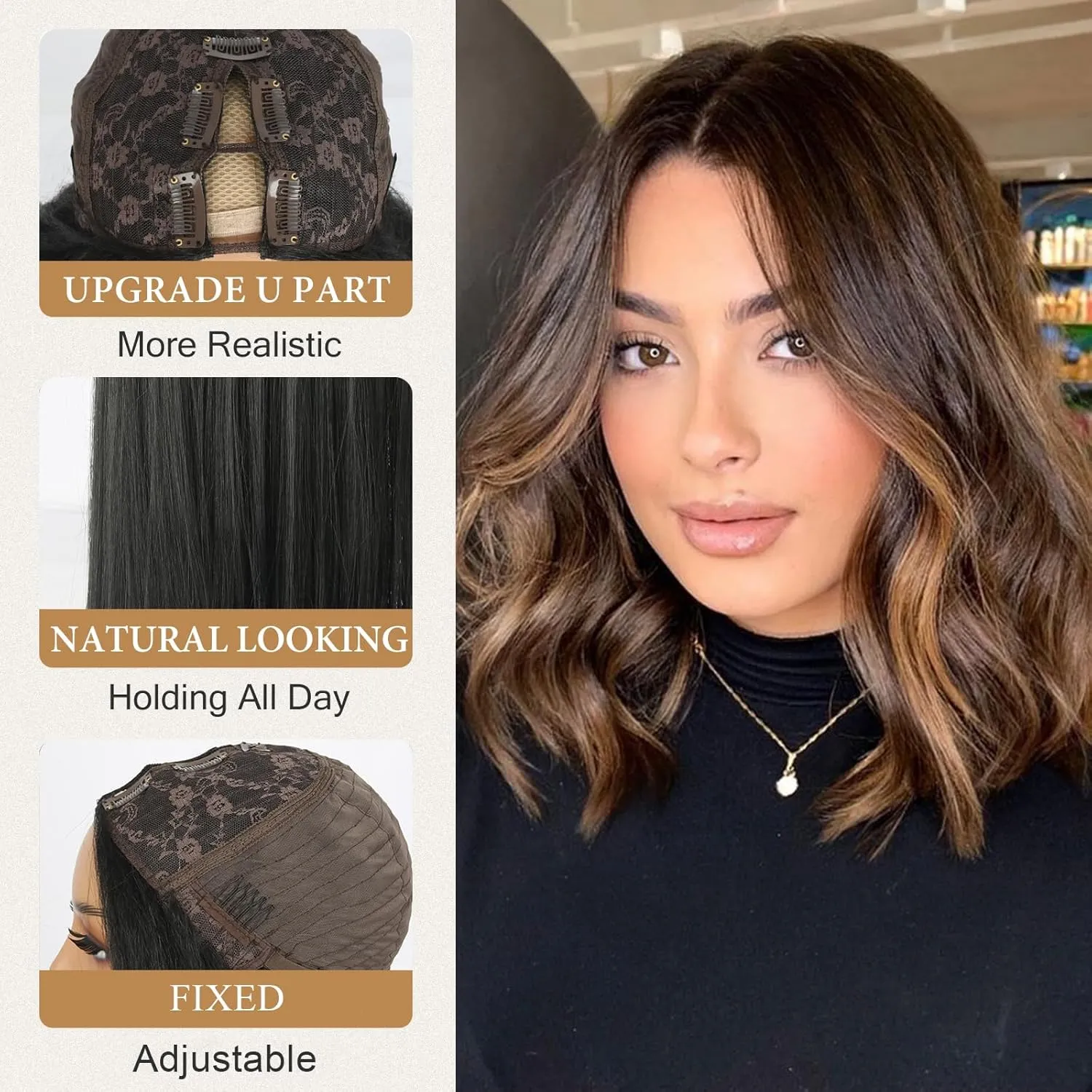 LEOSA Short Brown V Part Wig 14Inch Dark Brown Bob Wavy Curly End Synthetic Hair Replacement for Black Women (14Inch, 14-1B/30#)