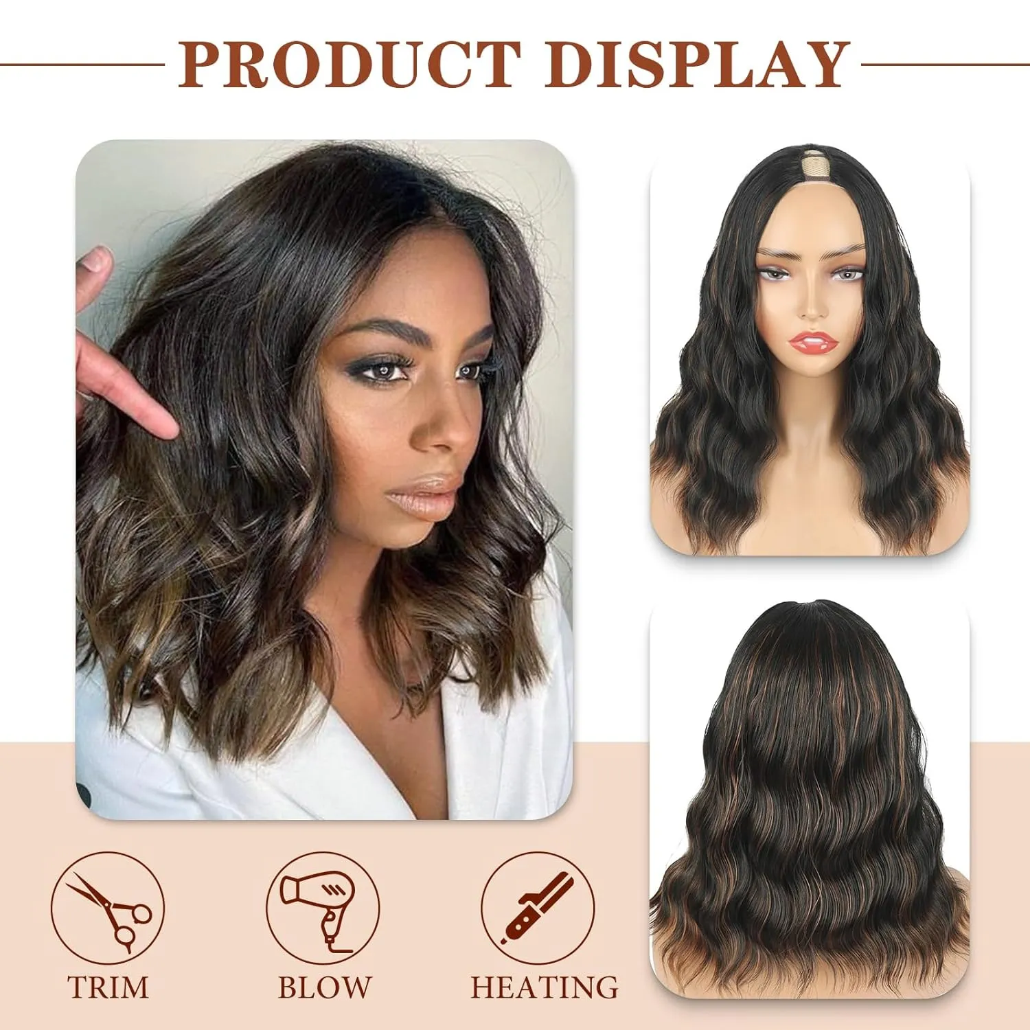 LEOSA Short Brown V Part Wig 14Inch Dark Brown Bob Wavy Curly End Synthetic Hair Replacement for Black Women (14Inch, 14-1B/30#)