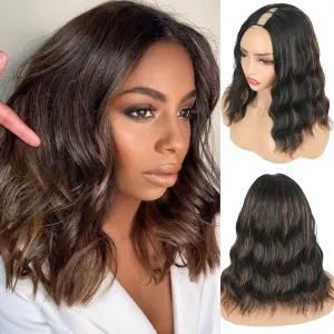 LEOSA Short Brown V Part Wig 14Inch Dark Brown Bob Wavy Curly End Synthetic Hair Replacement for Black Women (14Inch, 14-1B/30#)