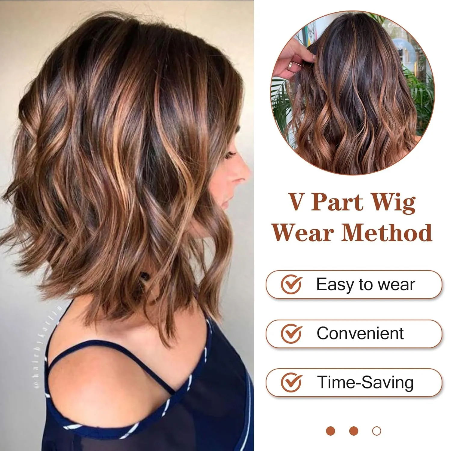 LEOSA Short Brown V Part Wig 14Inch Dark Brown Bob Wavy Curly End Synthetic Hair Replacement for Black Women (14Inch, 14-1B/30#)