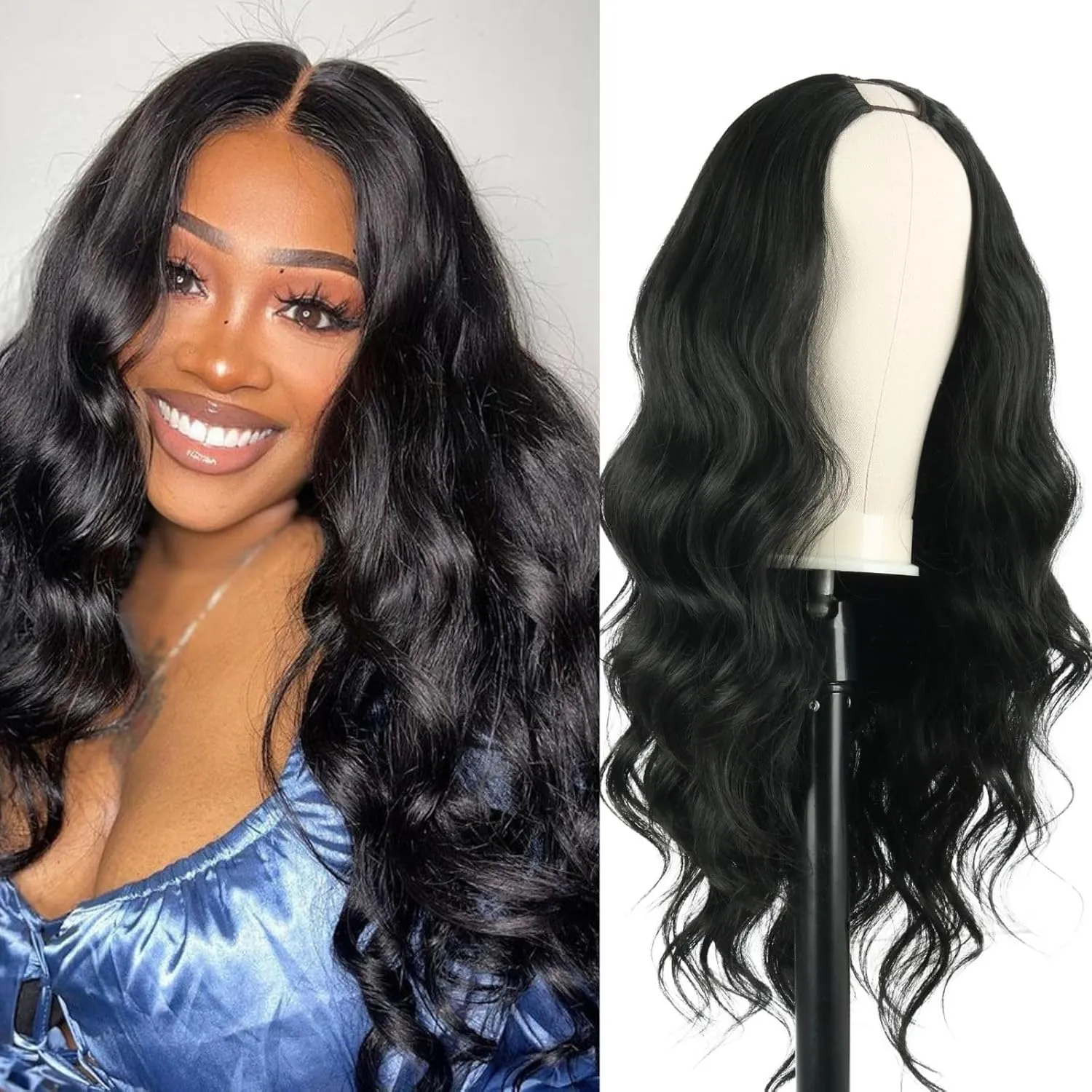 LEOSA V Body Wave Upgrade U Part Synthetic Wig - Black Women Full Head Clip In Hair 24Inch No Leave Out Thin Part Glueless Wig