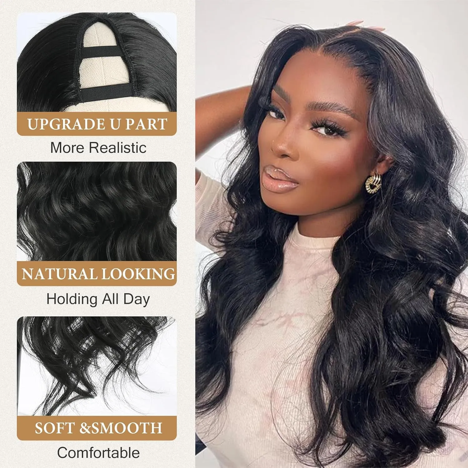 LEOSA V Body Wave Upgrade U Part Synthetic Wig - Black Women Full Head Clip In Hair 24Inch No Leave Out Thin Part Glueless Wig