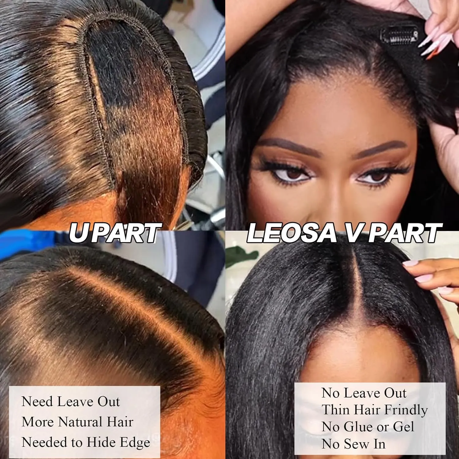 LEOSA V Part Wig for Black Women Reddish Brown Yaki Kinky Kinky Straight V/U Part Wig Clip In Full Head Hair Extensions for Women Synthetic Hair Replacement Wigs