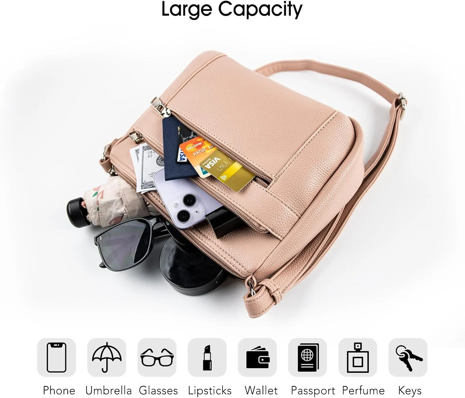 letech  Leather Crossbody Purse for Women Four Pocket Shoulder Handbag Bag Ladies Travel