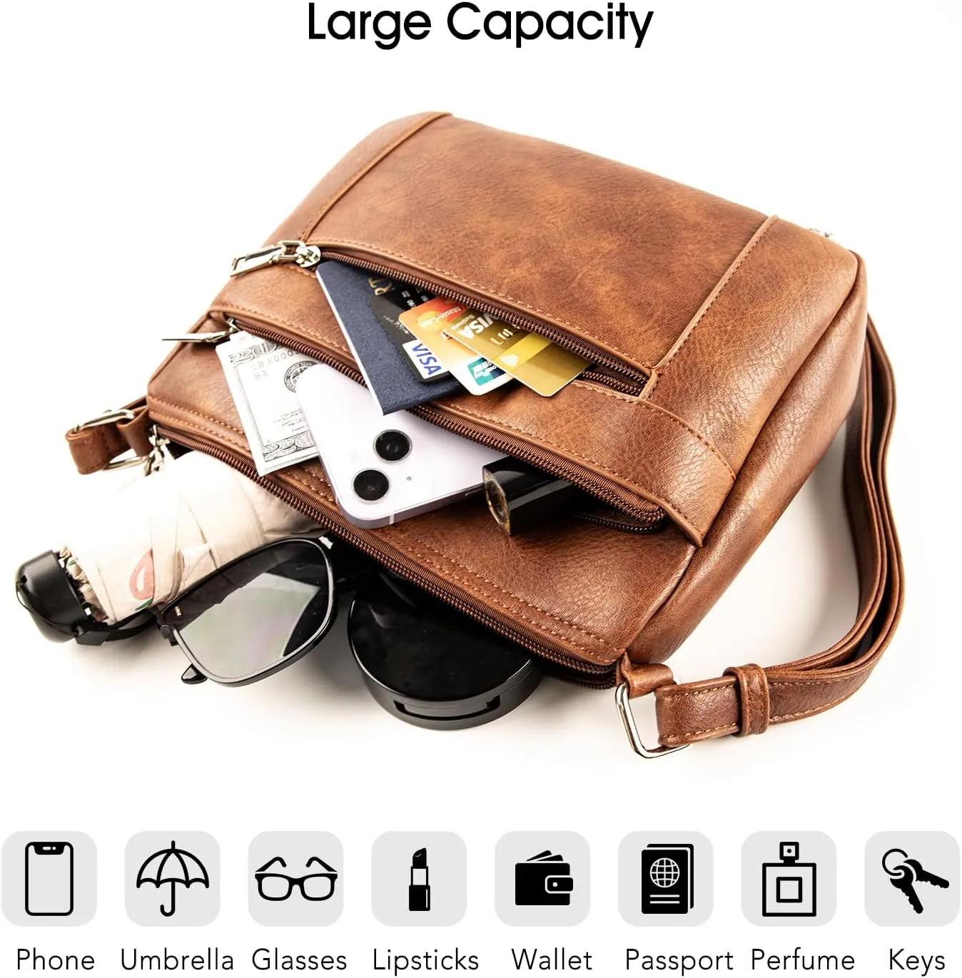 letech  Leather Crossbody Purse for Women Four Pocket Shoulder Handbag Bag Ladies Travel